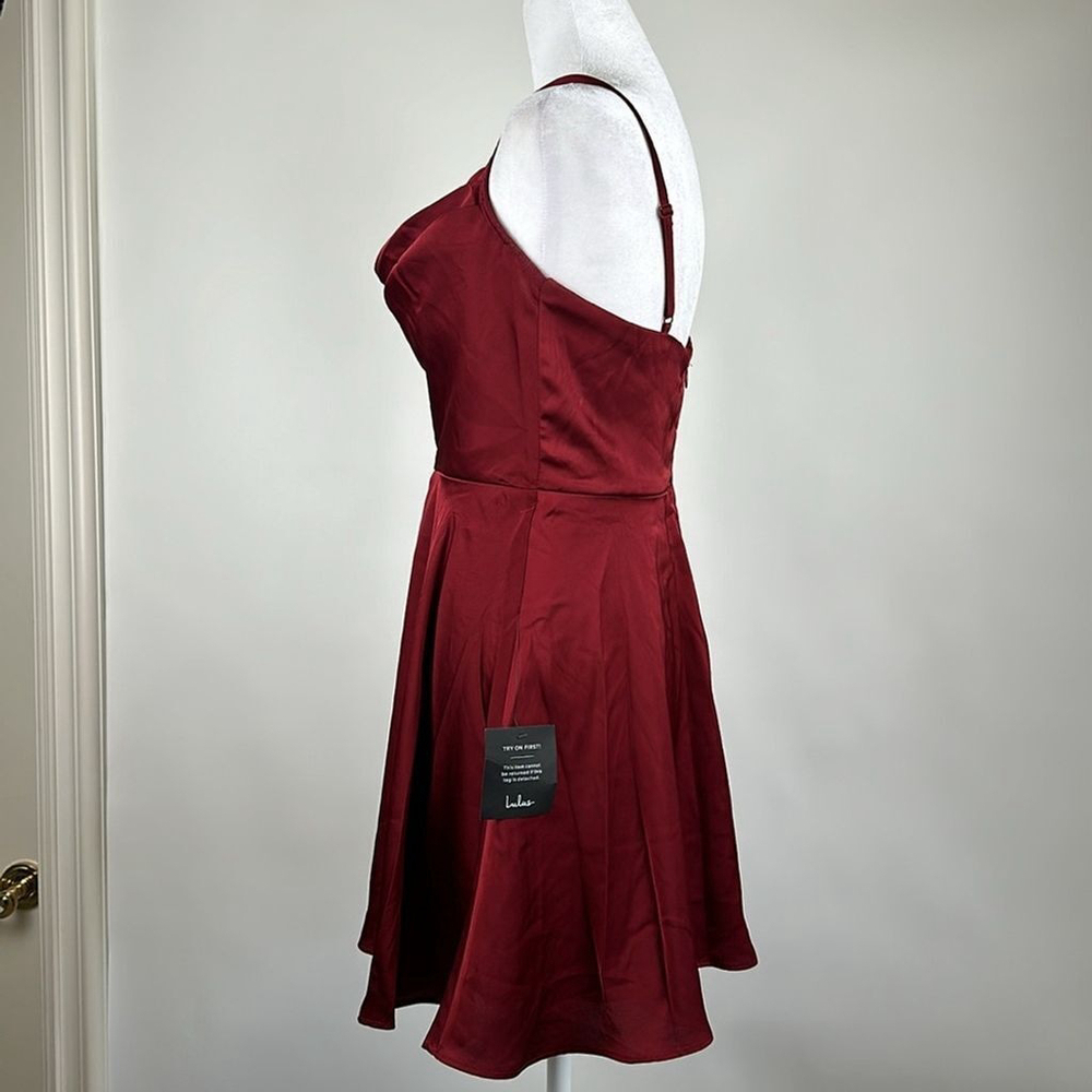 Lulus Fanciful Flirt Burgundy Satin Cowl Neck Skater Mini Dress Size Small - Picture 11 of 16